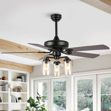 Lucas 52" Rustic Industrial Iron/Wood/Seeded Glass Mobile-App/Remote-Controlled LED Ceiling Fan - JONATHAN Y